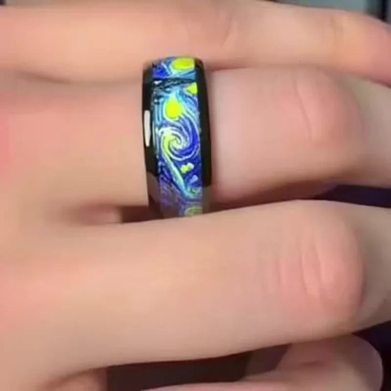 Starry Night Pattern Unisex Men Women Wedding Band Stainless Steel Ring