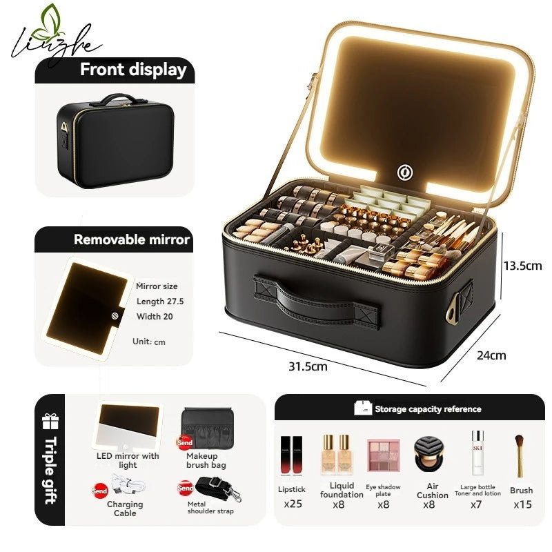 Illuminated Makeup Case with Mirror - Portable LED Cosmetic Bag, Large Capacity