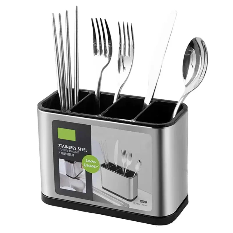 Stainless Steel Kitchen Utensil Caddy Organizer with Drain Holes and Non‑Slip Base