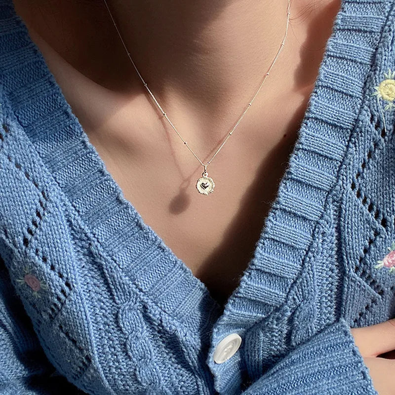 925 Sterling Love Heart Texture Bead Necklace for Women Girl Double Sided Jewelry Gift