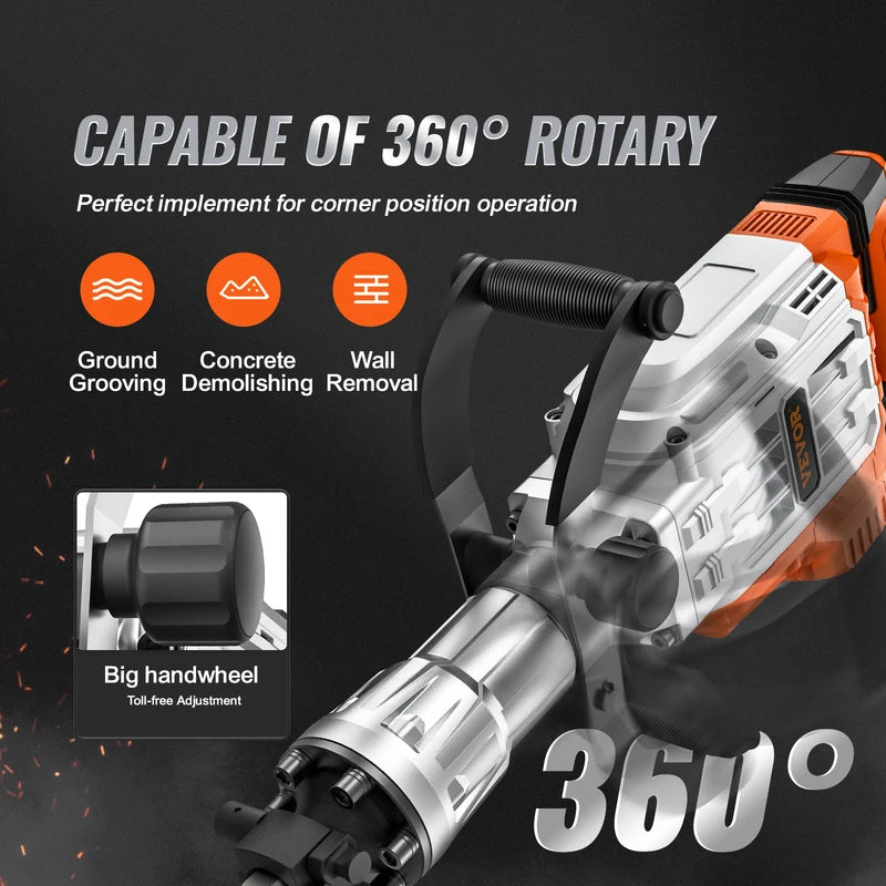Heavy Duty Demolition Jack Hammer 1500W-3500W with Chisels - Professional Concrete Breaker