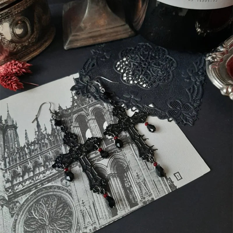 Gothic Cross Dangle Earrings with Teardrop Tassels for Women - Halloween Party Jewelry