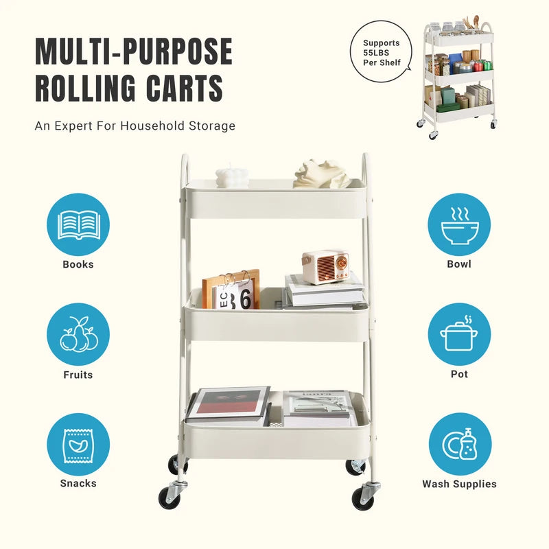 3-Tier Metal Storage Cart with Lockable Wheels - Mobile Utility Organizer for Kitchen, Home & Office