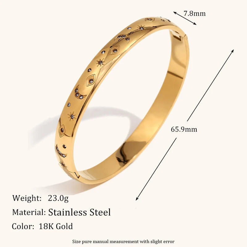 Retro Star Moon Eye Octagonal Zirconia Stainless Steel Women's Bracelet - Waterproof Jewelry Gift