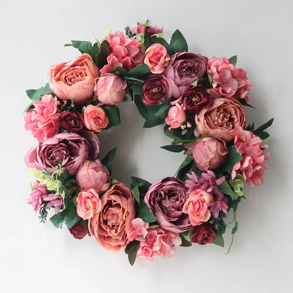 Artificial Peony Wreath Door Decoration - 40cm Silk Flower Wall Hanging for Wedding & Home Decor