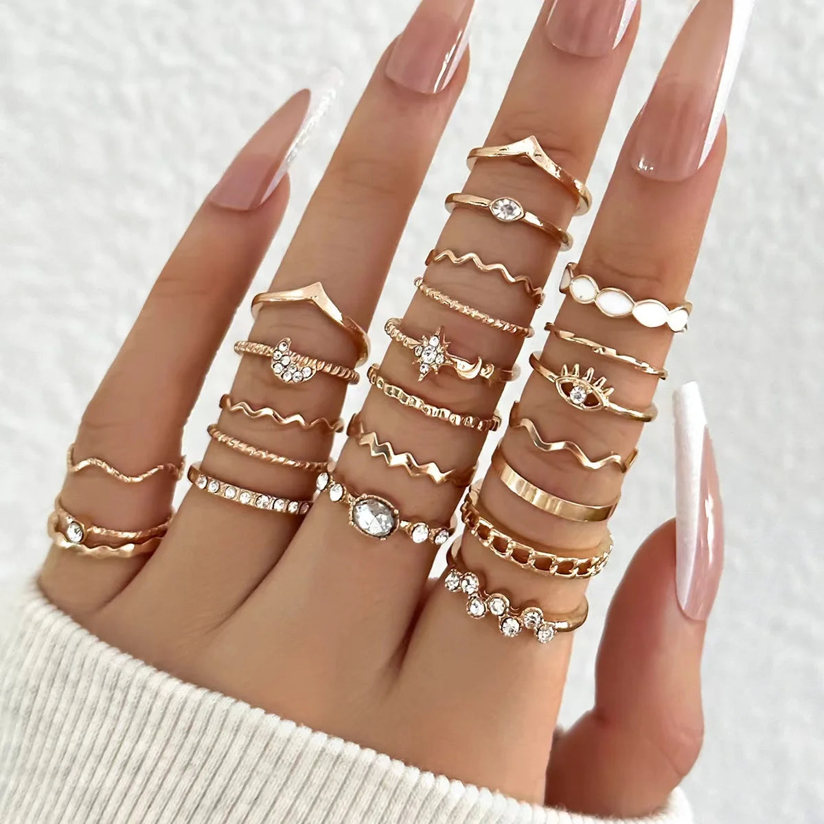 23-Piece Women's Zircon Wave Ring Set - Multi-Element Design for Daily Wear
