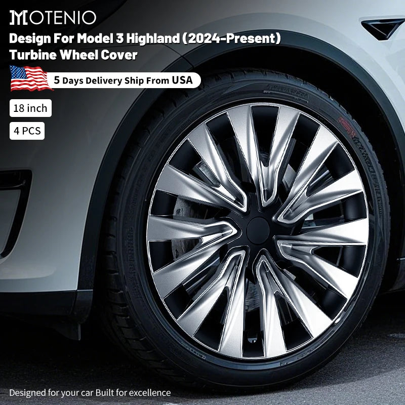 Set of 4 18-Inch Turbine Style Wheel Covers for Tesla Model 3 Highland