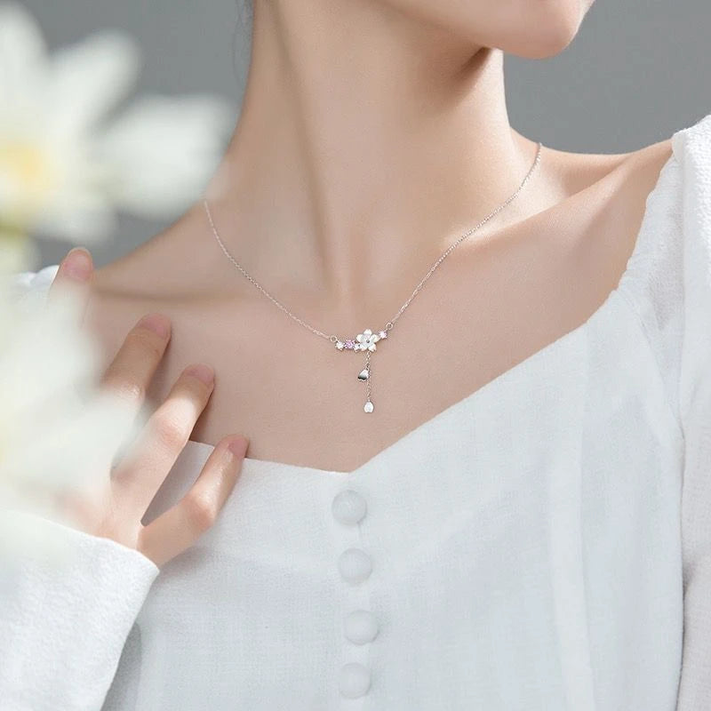 Romantic Cherry Blossom Flower Necklace for Women with Crystal Butterfly and Pearl Pendant – Party Jewelry