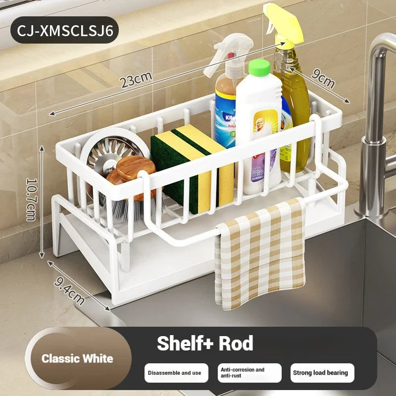 Multi-Functional Stainless Steel Sink Organizer with Sponge Soap Towel Rack