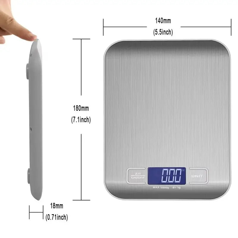 Digital Kitchen Scale 10kg Food Weighing Scale with LCD Display Stainless Steel