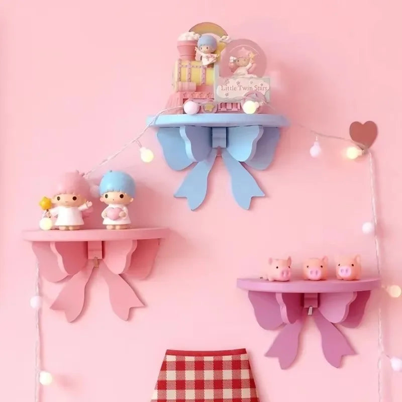Children's Wooden Wall Shelf Organizer with Bow Shape - Pink, Blue, Green, Purple or Yellow