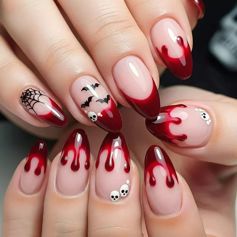 24pcs Halloween Fake Nail Tips with Bat Skeleton & Spider Web Patterns - Press-On Nails