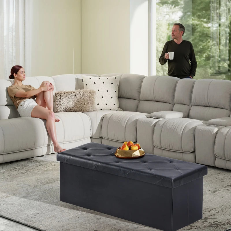 Folding Storage Ottoman Footstool - Leather Upholstered Bench Supports 660 lbs
