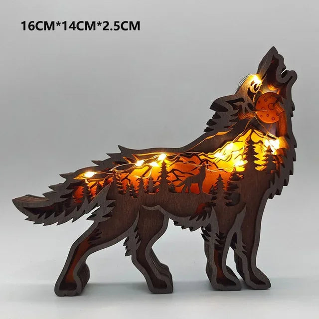Wooden Animal Figurines with LED Light - Wolf Elk Brown Bear Home Decor