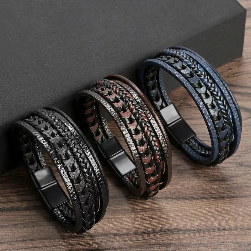 Men's Multi-Layer Leather Rope Braided Bracelet with Magnetic Buckle