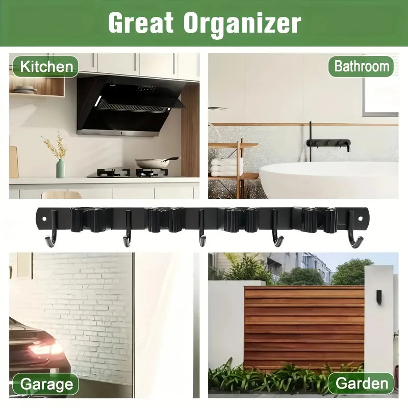 Wall-Mounted Broom and Mop Rack with Hooks - Garden & Garage Storage Organizer