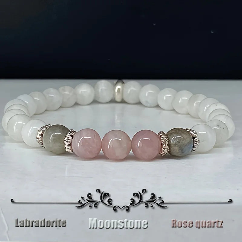 Moonstone Labradorite Rose Quartz Bracelet Calm Spiritual Positive Energy Protection Stress Relief