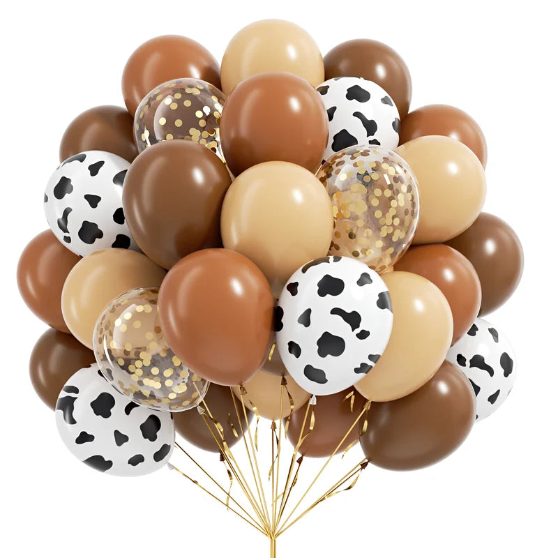 60pcs Cow Print Latex Balloons for Farm Cowboy Baby Shower Birthday Party Decor - Gold Confetti & Nude Brown