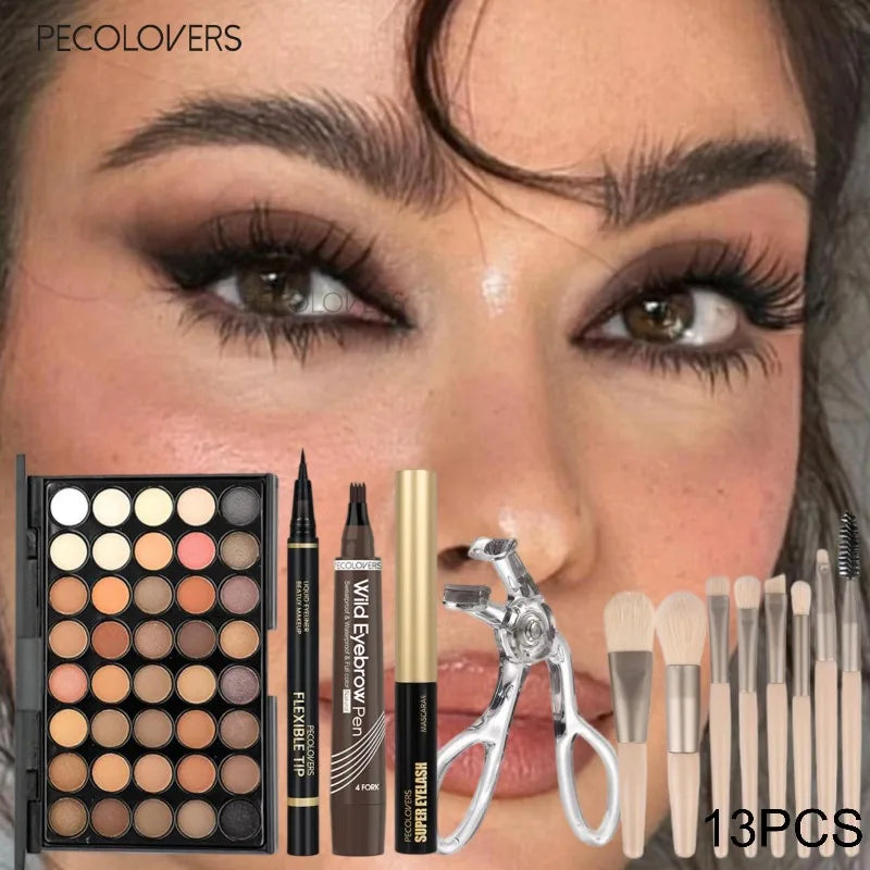 13-Piece Eye Makeup Set with Brushes, Eyeliner, Eyebrow Pencil & Mascara Clip