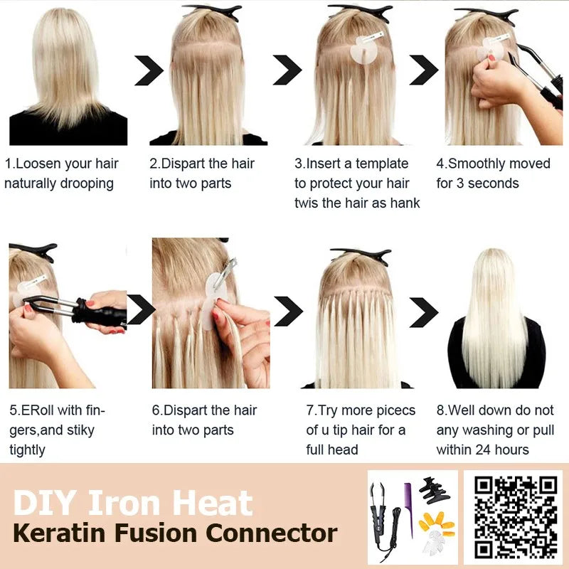 K Tip Hair Extensions Human Hair Keratin Fusion Straight 12-24 Inch Natural