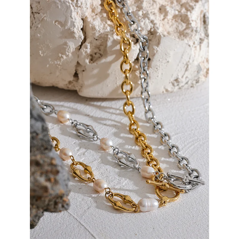 Natural Freshwater Pearl Necklace with Metal Chain - Trendy Women Jewelry Gift