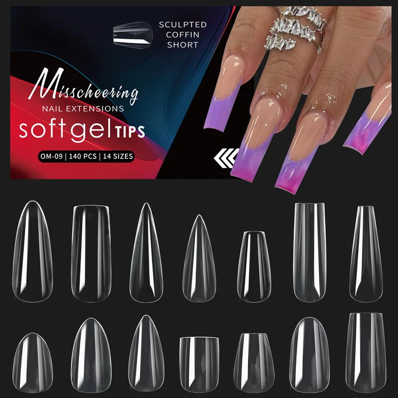 120/140pcs Almond Stiletto Fake Nail Tips - Clear Soft Nail Extensions for DIY Manicure