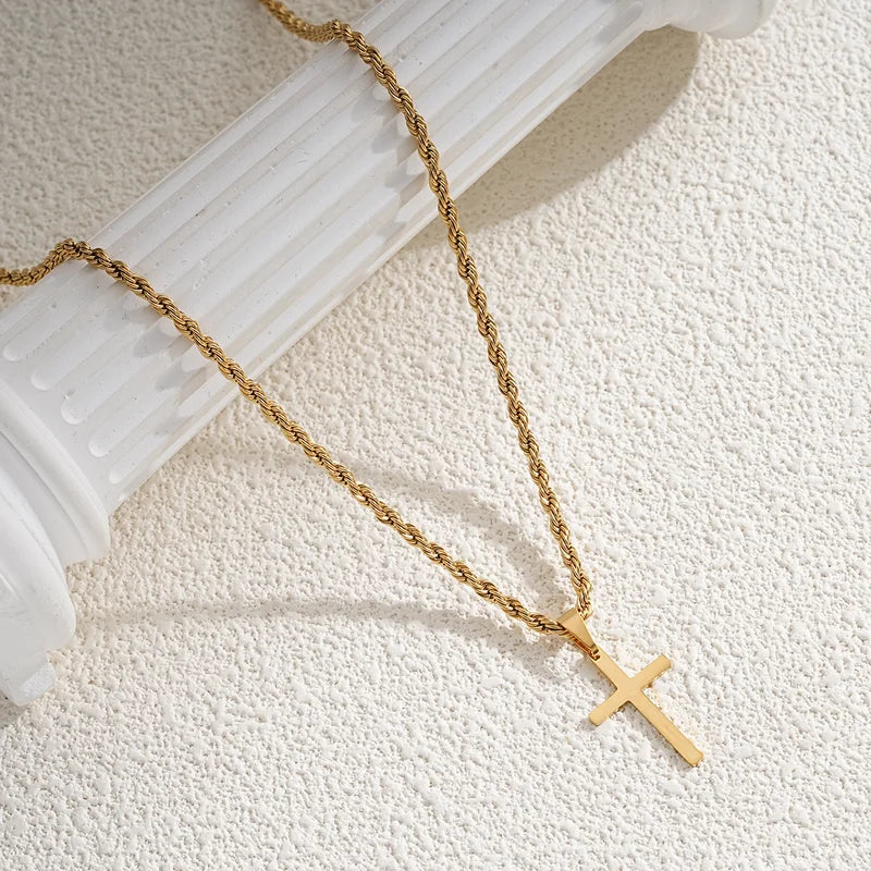 Minimalist Stainless Steel Cross Pendant Necklace for Men Women Gold & Red Brown Variants