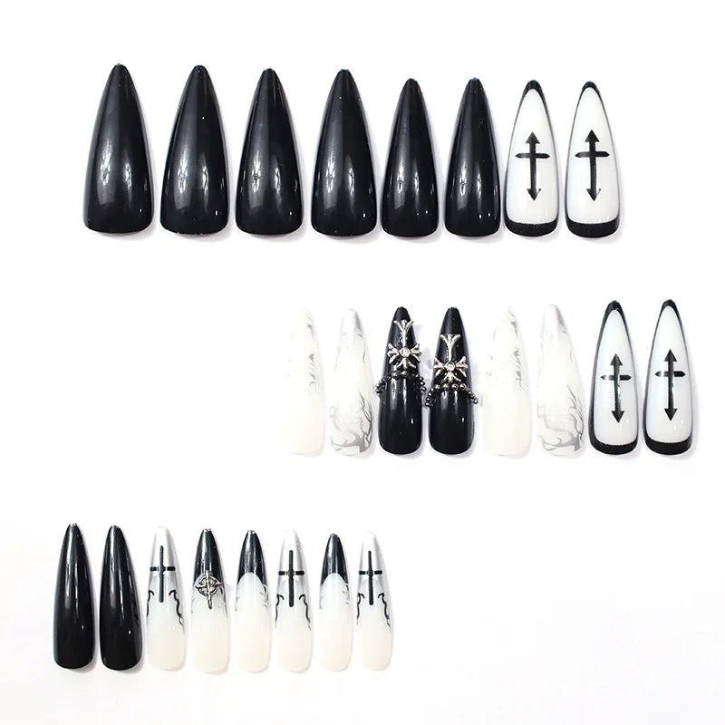 24Pcs Long French Press-On Nails - Dark Edgy & Elegant Fake Nail Set