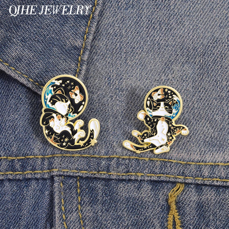 Cute Space Astronaut Cat Collection Enamel Pins - Constellation & Fish Tank Brooches