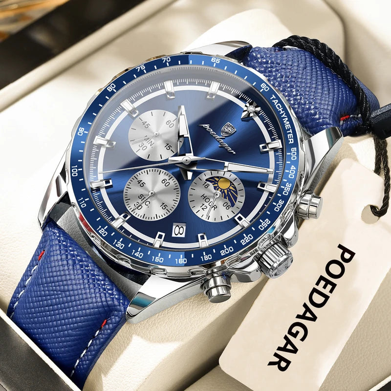 Men's Waterproof Luminous Chronograph Sport Wristwatch with Leather Strap