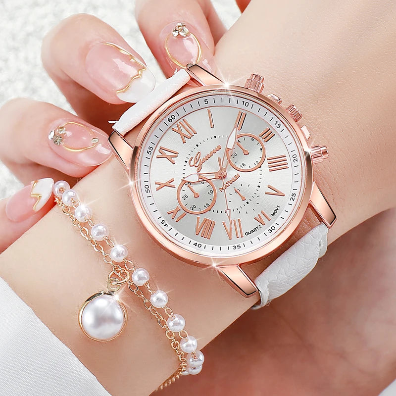 Women's Fashion Quartz Watch with Leather Band and Pearl Jewelry Set