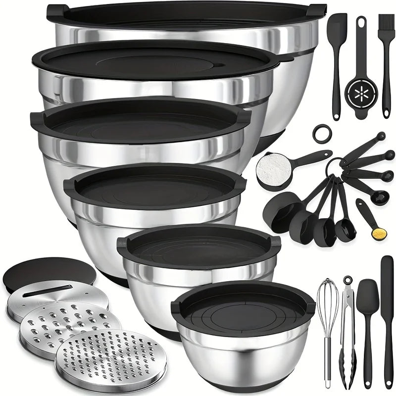 17pcs Stainless Steel Mixing Bowl Set with Lids Non-Slip Kitchen Utensils