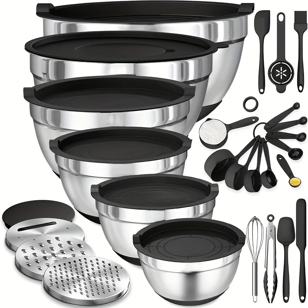 17pcs Stainless Steel Mixing Bowl Set with Lids Non-Slip Kitchen Utensils