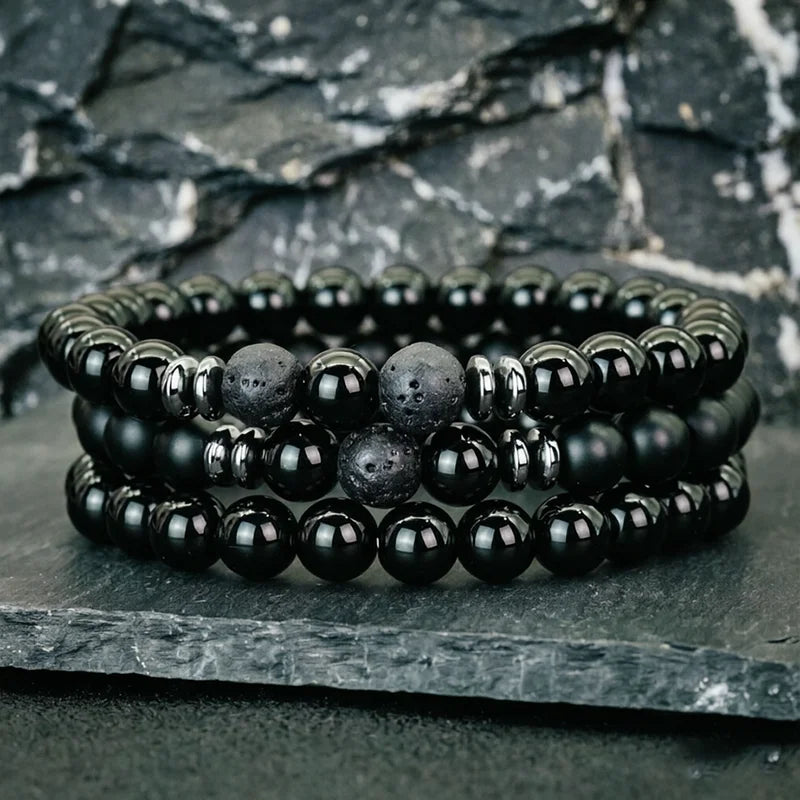 Men's Natural Tiger Eye Lava Rock Beaded Bracelet Set - Stress Relief Yoga Accessory