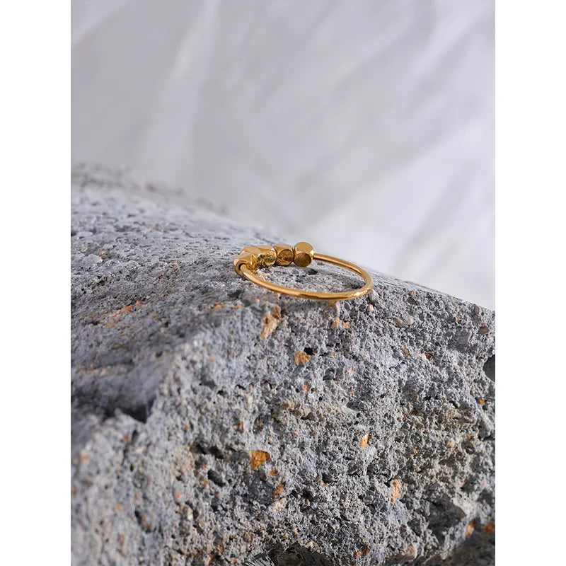 Stainless Steel Square Beaded Ring for Women - Gold Silver Color Jewelry