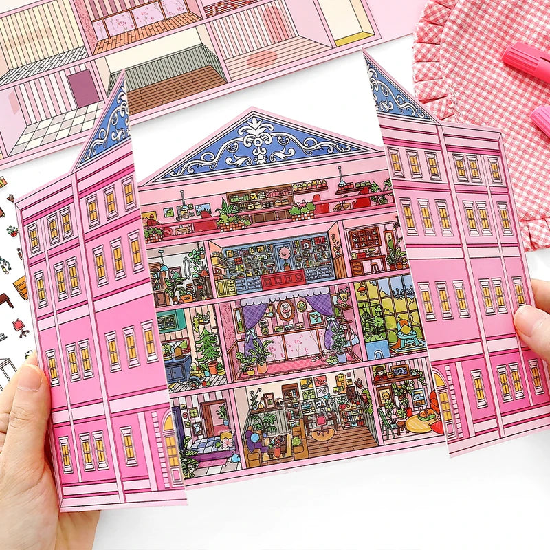 Kawaii Doll Apartment 3D Pink Hotel Landscape Sticker DIY Scene Kids Gift