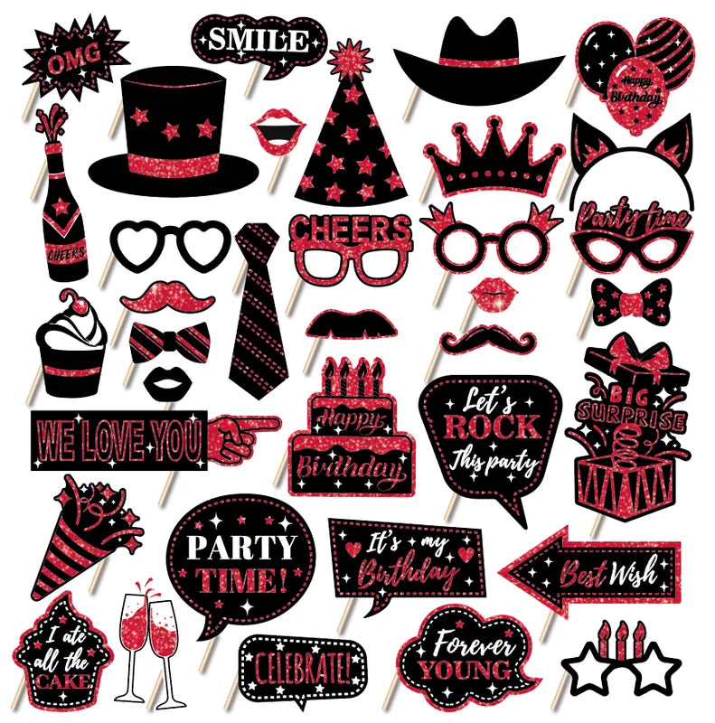 36PCS Happy Birthday Photo Booth Props Set with Shimmer Powder & Fun Glasses - DIY Party Accessories