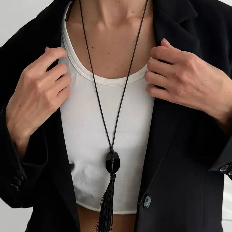Black Resin Tassel Pendant Necklace for Women Adjustable Chain Jewelry