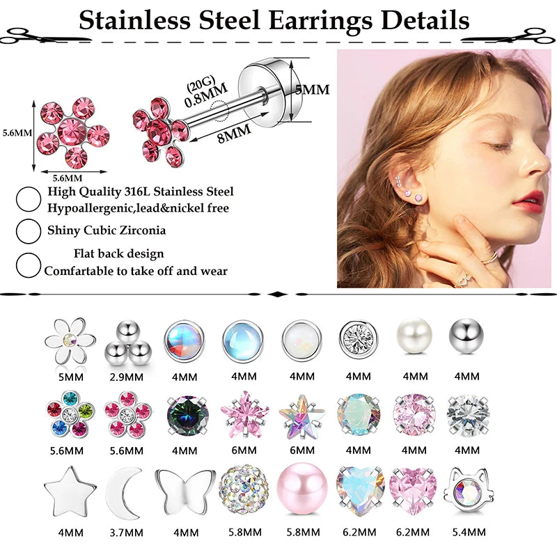 2PCS Stainless Steel Heart Moon Ear Studs - Women’s Tragus Cartilage Earrings