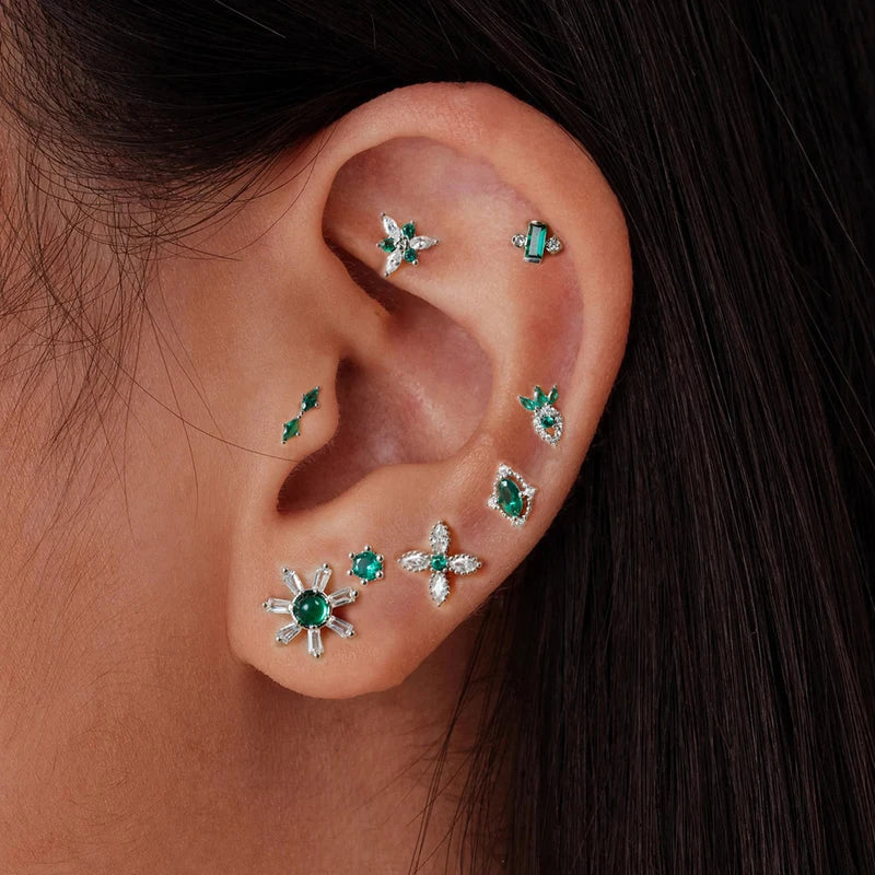 2-Piece Stainless Steel Tiny Stud Earrings for Women with Green Crystal Zirconia - Cartilage Helix Tragus Piercing Jewelry