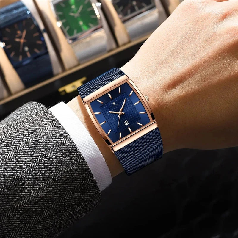 Luxury Square Quartz Wristwatch for Men - Rose Gold Automatic Blue Dial