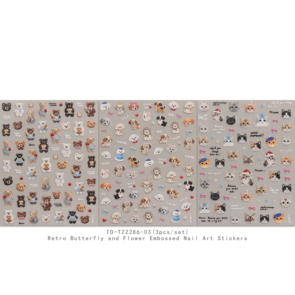 3Pcs Cute Cartoon Nail Art Stickers - Embroidered Kittens, Dogs & Bears