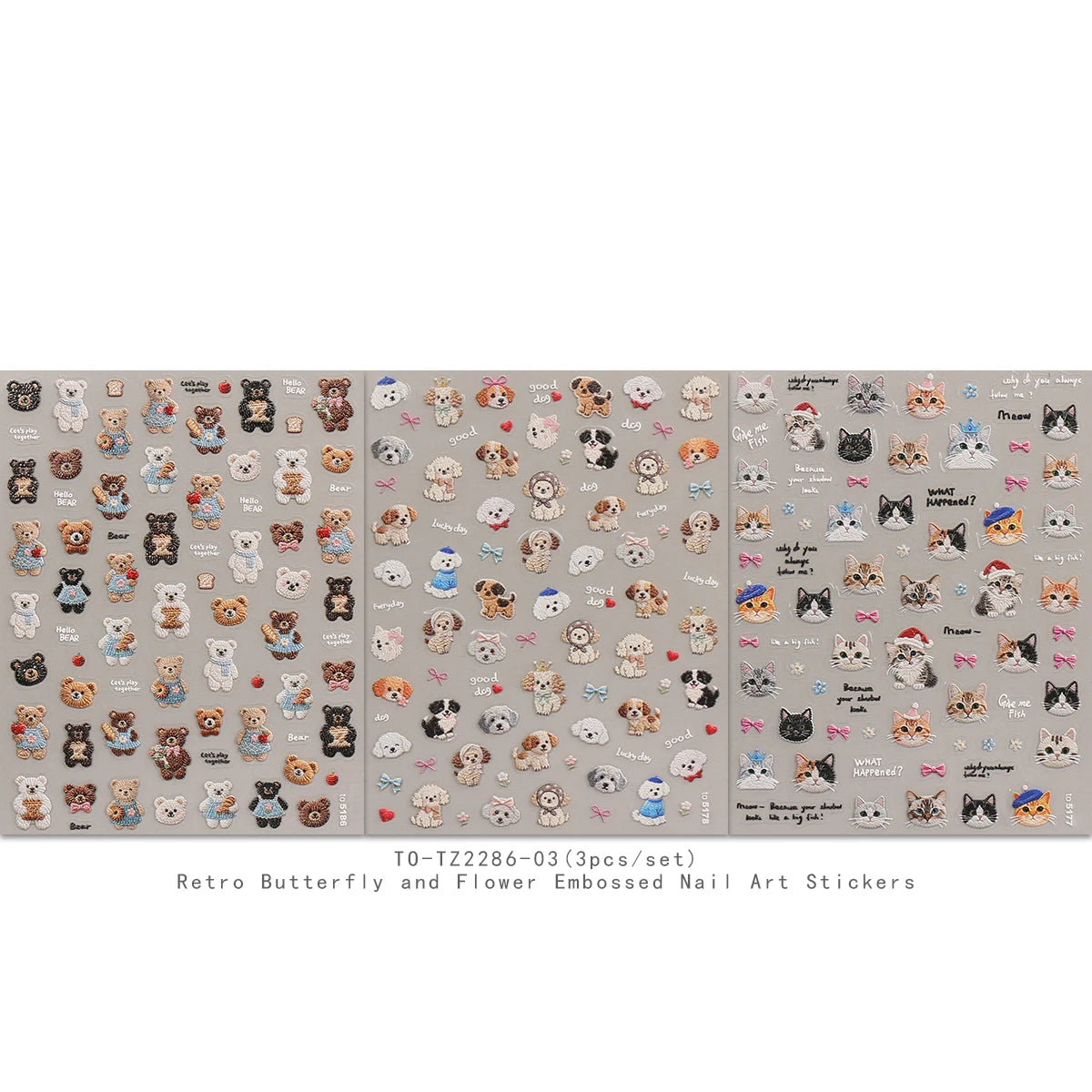 3Pcs Cute Cartoon Nail Art Stickers - Embroidered Kittens, Dogs & Bears