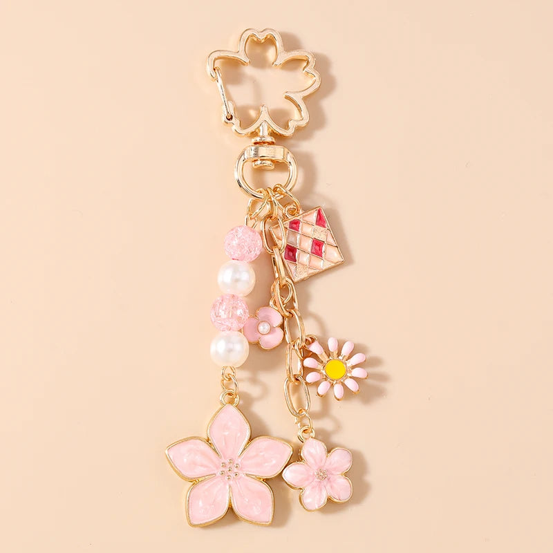 Enamel Flower Keychain for Women Girls Pearl Crystal Pendant Handbag Accessory Gift