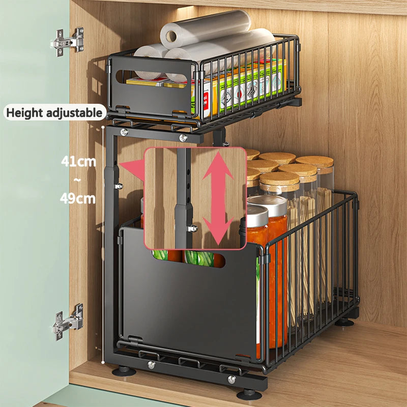 2-Tier Pull Out Cabinet Organizer Adjustable Kitchen Storage Rack for Under Sink