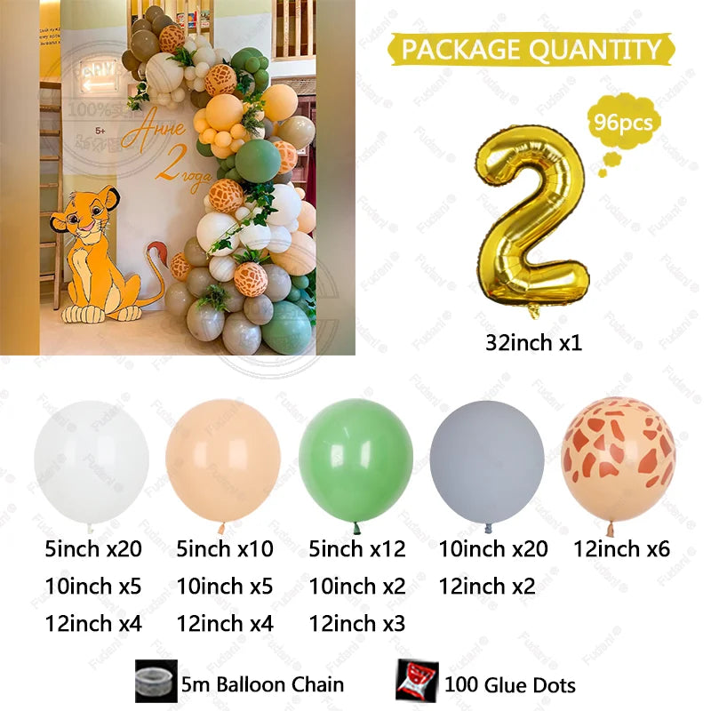 96Pcs Lion Theme Balloon Garland Kit for Baby Birthday Party Decorations