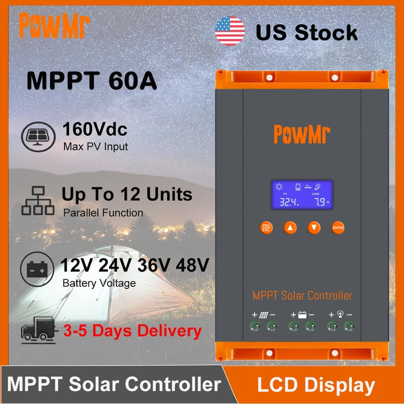 60A MPPT Solar Charge Controller 12V/24V/36V/48V LCD Display Max 160V PV Support Parallel