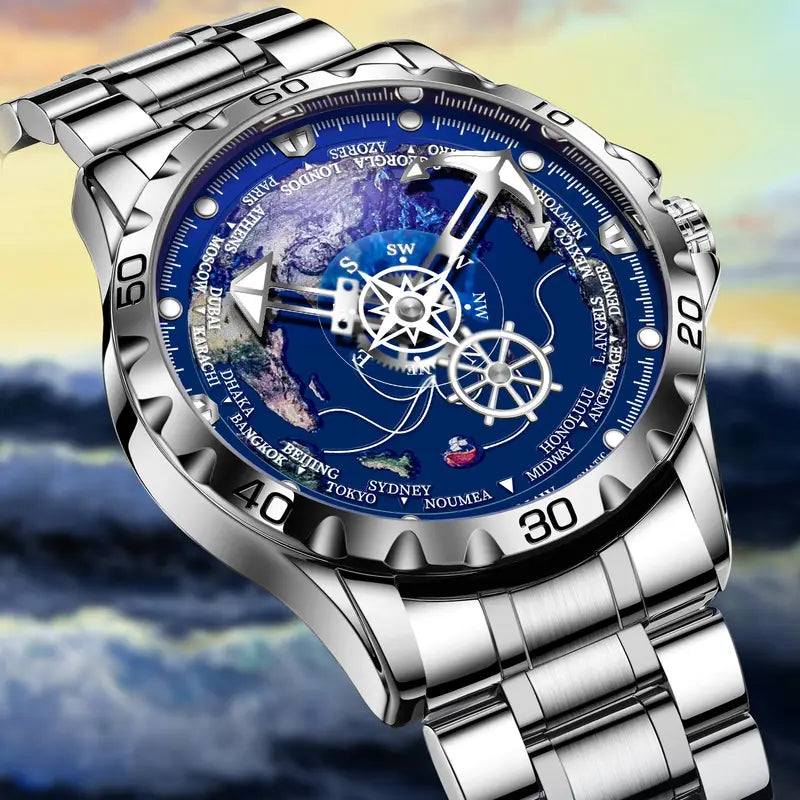 Automatic Mechanical Watch with Globe Dial for Men - Gold, Silver & Black Variants