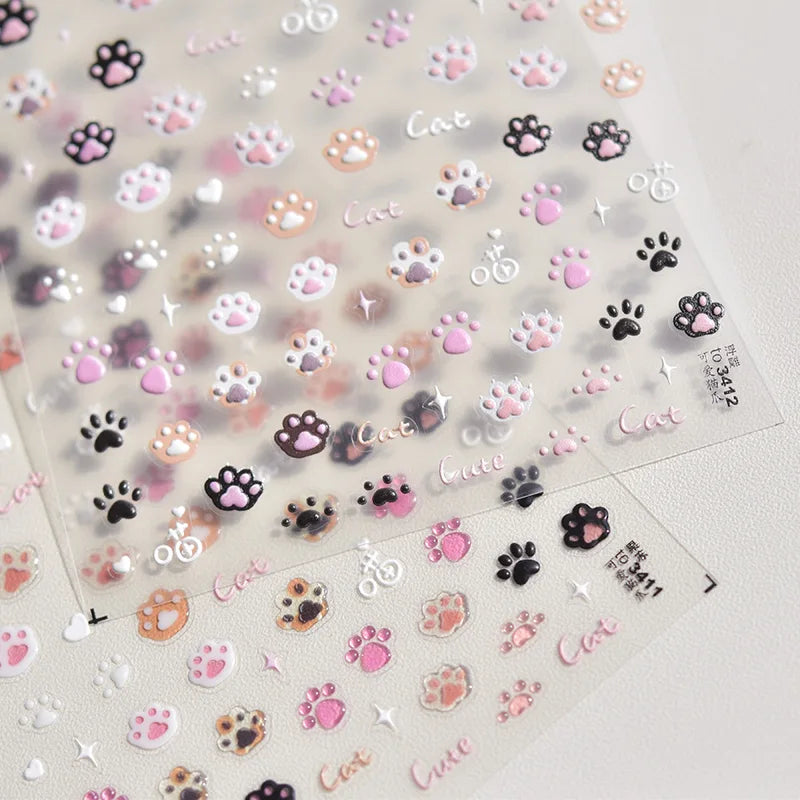 Cute Cat Nail Stickers - 3D Embossed Jelly Pink & Cartoon Paw Designs