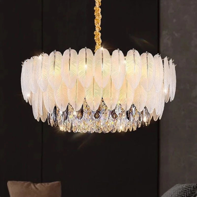 Modern LED Pendant Light with Feather Glass Shade for Living Room & Bedroom